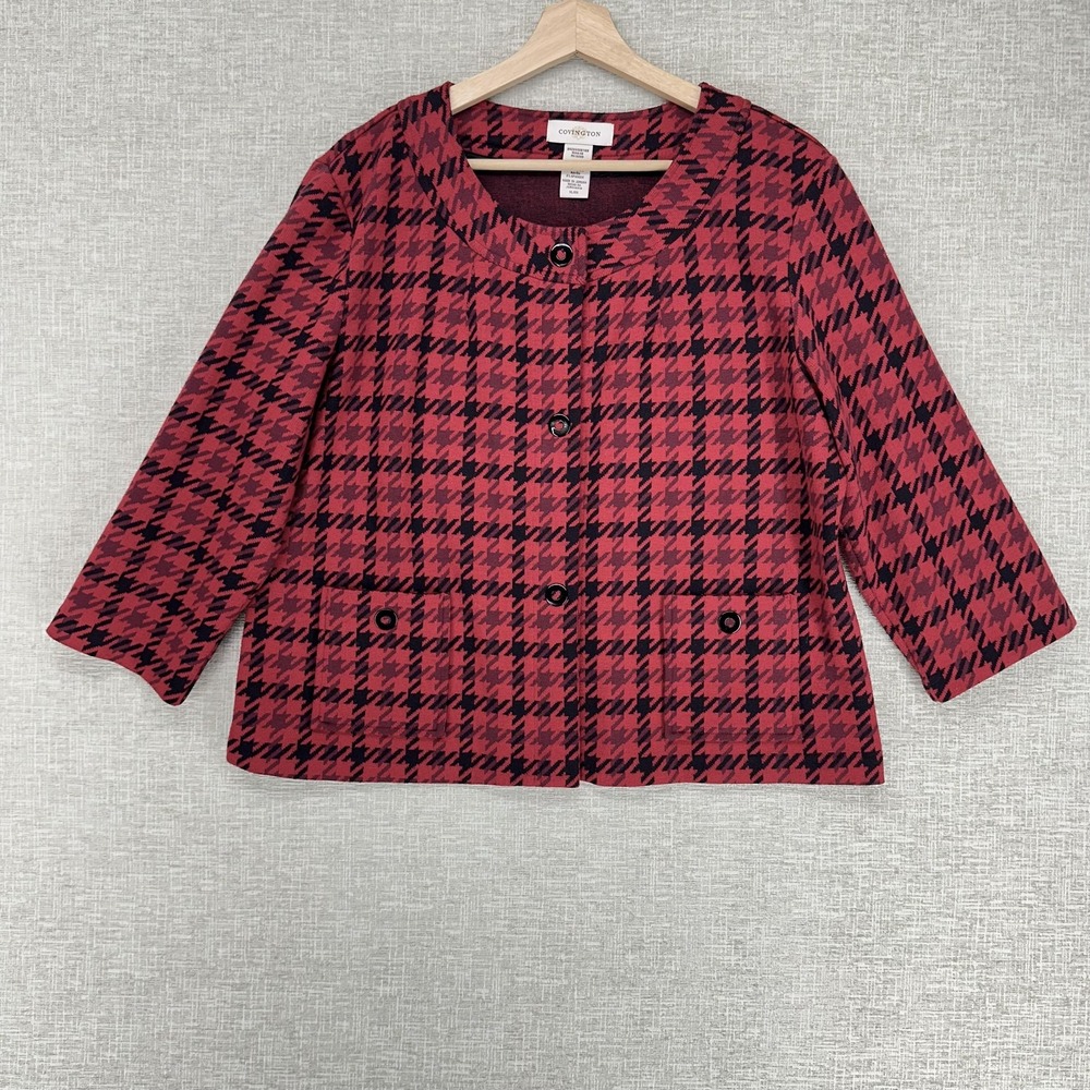 Covington Cardigan Sweater Womens XL Red Houndstooth 3/4 Sleeve Pockets Knit
